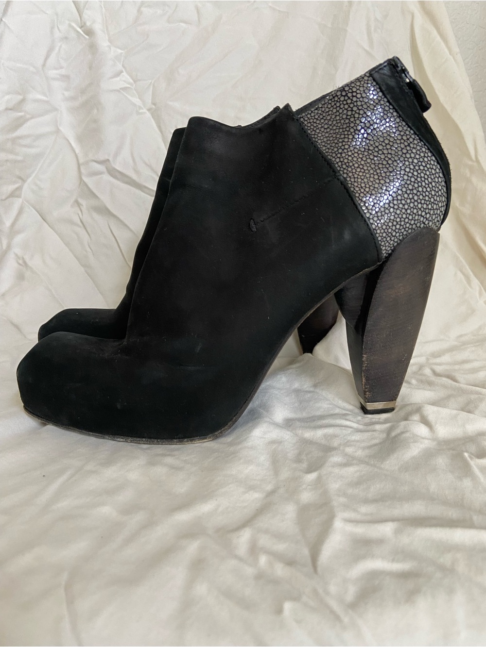 CNC Costume National Black Suede Stingray Ankle Booties with Squared Toe